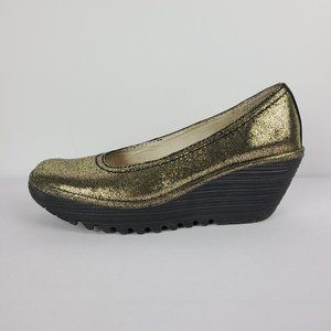 Fly London Metallic Gold Wedge Shoes Size 9